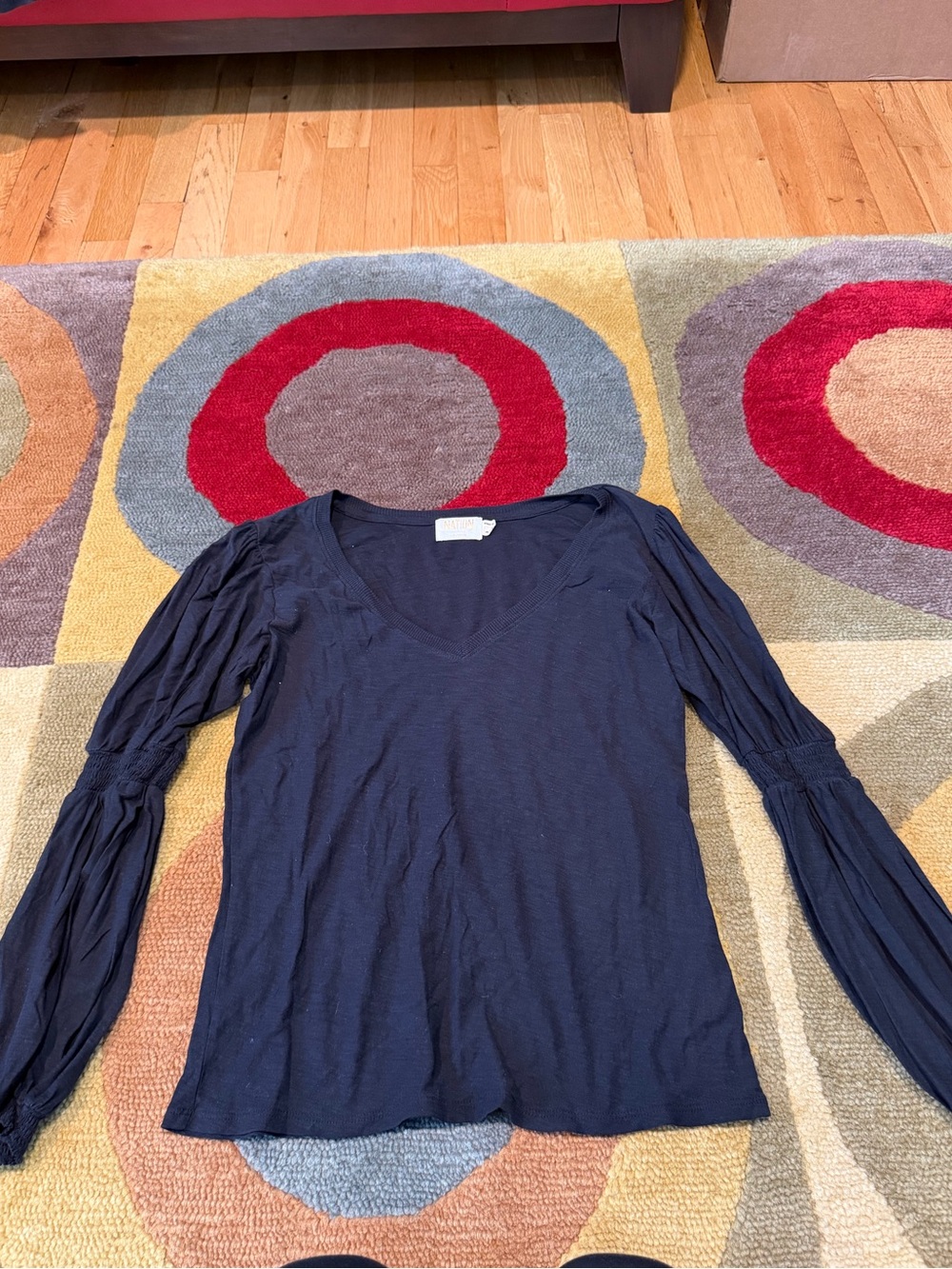Nation LTD Black Long Sleeve Tee Shirt V Neck Ruched Sleeves 100% Pima Cotton S